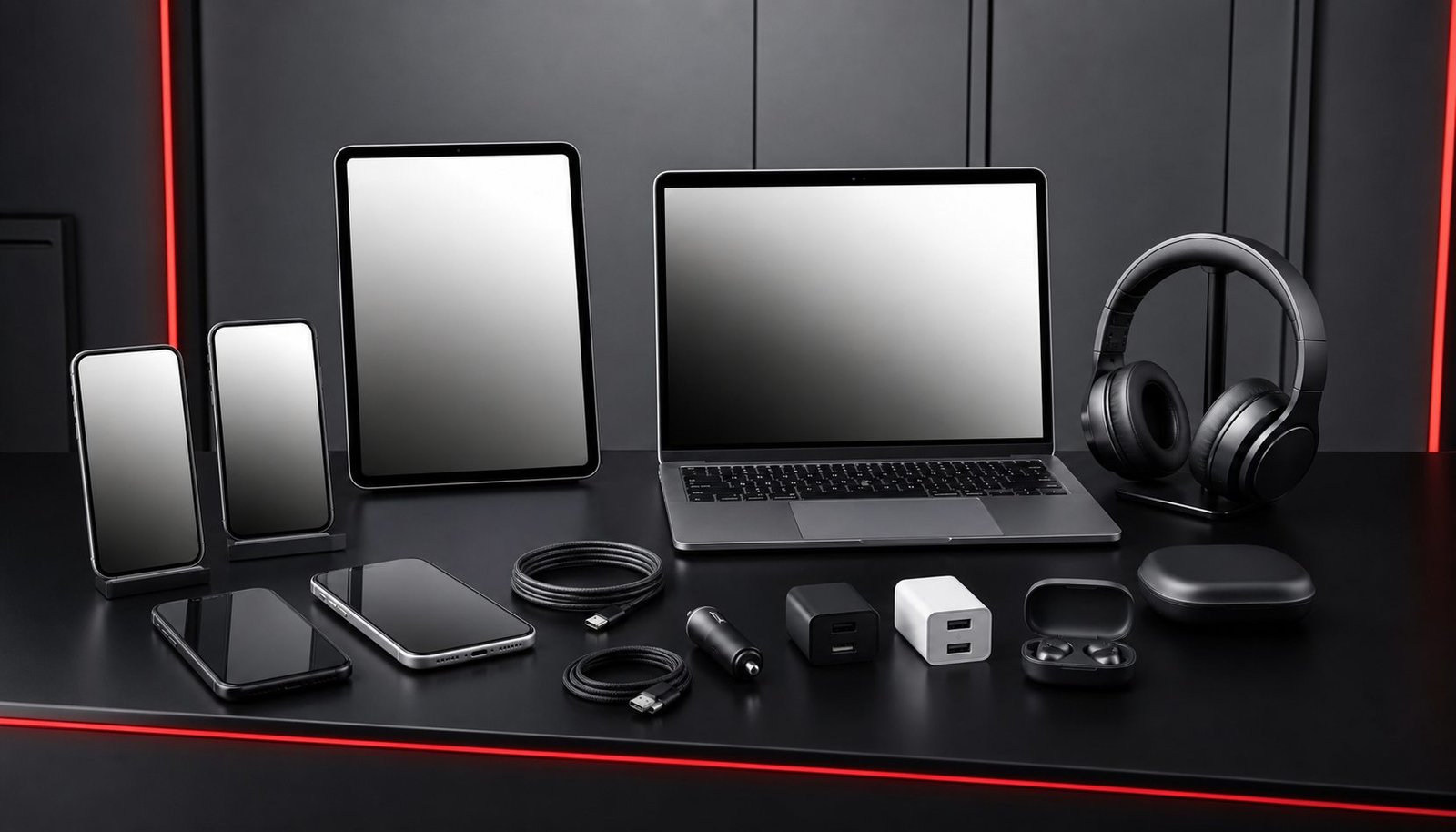 Celulares, notebook, carregadores e fones em vitrine premium